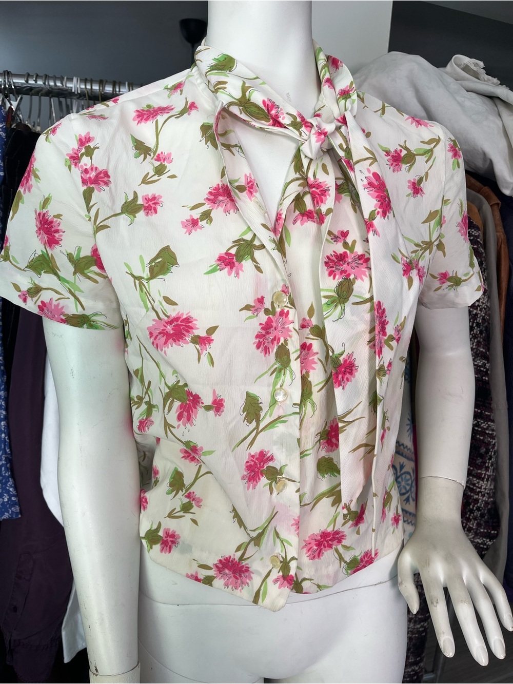 Vintage Floral Tie-Neck Short Sleeve Blouse - Pink on Cream